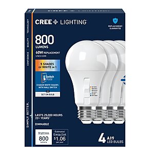 4 pack switchable color temp, Cree Lighting Switch Mode 60 -Watt EQ A19 Switchable white dimmable LED E26 bulbs, $9.98 free pickup, Lowe's