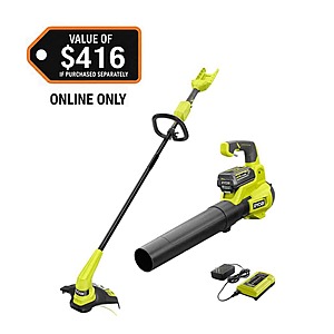RYOBI 40V Cordless Battery 12 in. String Trimmer and 450 CFM 120 MPH Blower Combo Kit 2-Tools with 4.0 Ah Battery and Charger, $169, FS, Home Depot