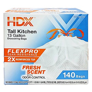 YMMV,140 count,HDX FlexPro 13 Gallon Fresh Scent Tall Kitchen Trash Bag,$12.80,free shipping,Home Depot