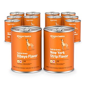 12 cans,13.2oz,Amazon Basics Wet Dog Food Cuts in Gravy Variety Pack,Ribeye Flavor and New York Strip Flavor,Made with Real Chicken and Beef,$9.83,Amazon + more