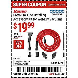 Harbor Freight Coupon: BAUER Premium Auto Detailing Accessory Kit for Wet/Dry Vacuums $20 (Valid thru 2/16)