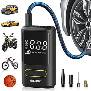 JUSUOX Tire Inflator Portable Air Compressor, Electric Bike Pump with Digital Pressure Gauge, 150 PSI Cordless Air Pump, $14.99, FS Prime, Amazon