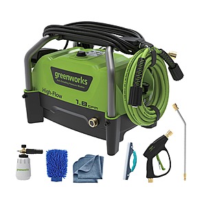 Greenworks High Flow Automotive 1200-PSI 1.8-GPM Cold Water Electric Pressure washer with 3 Spray Tips Rubber | GPW1200K, $149, free shipping, Lowe's