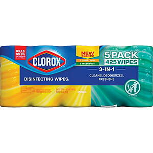 Sam's Club members, Clorox Disinfecting Wipes, Variety Pack, Fresh Scent and Crisp Lemon, 5 pack ct., 425 wipes total, $15.18