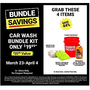 Harbor Freight 4 piece car wash bundle kit, $19.99, in store, Mar 23-Apr 4