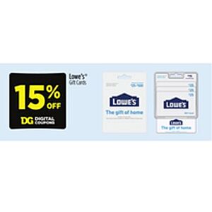 15% off Lowe's gift cards with digital coupon, Dollar General, in-store, 4/30 - 5/2