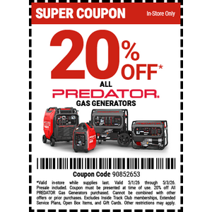 Harbor Freight, 20% off all Predator gas generators, 25% off Predator generator covers and wheel kits, 5/1 - 5/3, ITC receives early access 4/30