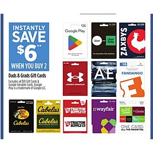Dollar General in store, buy two select gift cards, save $6, Google Play (2x $25 for $44), Uber + more, 6/7-6/13