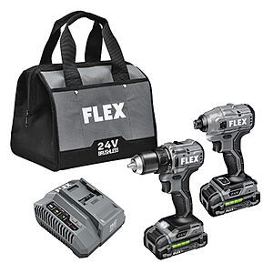 FLEX 24V Brushless Cordless 2-Tool Compact Combo Kit: 1/2-Inch 2-Speed Drill Driver and 1/4-Inch Hex Impact Driver with (2) 2.5Ah Lithium Batteries, $139