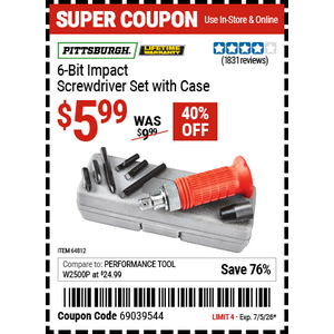Harbor Freight, PITTSBURGH 6-Bit Impact Screwdriver Set With Case for $5.99, 40% off