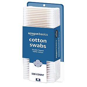 4 pack, 500 count, Amazon Basics Double-Tipped Cotton Swabs for Personal Hygiene and Baby Care, Cotton, Versatile, Baby Safe, $8.11, Amazon