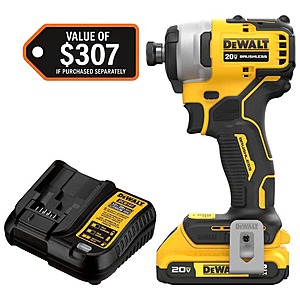 DEWALT Atomic 20V Max Lithium-Ion Brushless Cordless Compact 1/4 in. Impact Driver Kit with 2.0Ah Battery and Charger, $99, FS, Home Depot