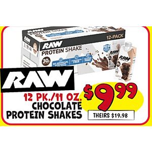 Ollie's, in store, Raw 12 PK. / 11 OZ. CHOCOLATE PROTEIN SHAKES, $9.99