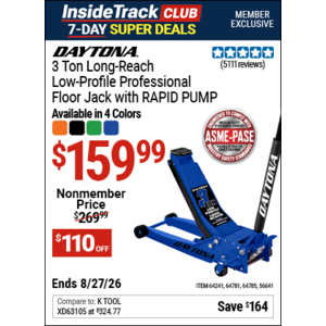Harbor Freight ITC members, 7 days of deals, 8/21-27, DAYTONA 3 ton long reach jack, $159.99, ICON 52 pc bit set, $59.99, BADLAND 1.5 ton offroad jack, $199.99, + more