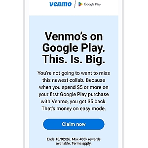 YMMV, Earn $5 back on $5+ purchase on Google Play when paying with Venmo