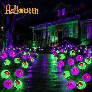 Prime, 6 Pack 36 LED Solar Halloween Decorations Eyeball Lights Purple and Green, Purple, or Green, $19.99, Amazon