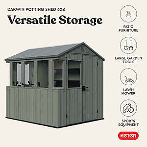 Keter Darwin 6x8 ft. Walk-in Potting Shed with Built-in Ventilation, Windows and Double Lockable Doors, Green, $1,271.99, Walmart $1272