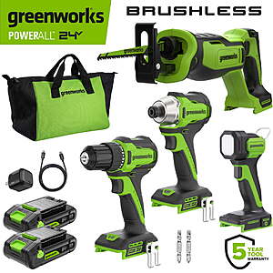 Greenworks PowerAll 24V 4-Piece Combo Kit: 280 in-lb Drill, 1900 in-lb Impact Driver, 200 lm Work Light, and Reciprocating Saw, with (2) 2.0 Ah Batteries, $179, Walmart