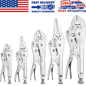 $16.69, FS, WORKPRO 5-Piece Locking pliers set, 5/7/10 inch Curved Jaw Pliers, 6.5/9 inch Long Nose Pliers