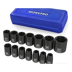 , FS, 14 pc metric WORKPRO 1/2”Drive Shallow Impact Socket Set Metric Cr-V Steel 6-Point Socket Set