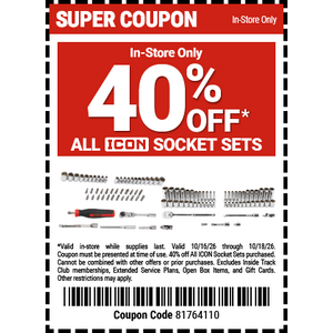 Harbor Freight PLS extended, 10/16-10/18, 40% off ICON socket sets, 40% off tarps, 30% off welder/plasma cutters, 30% off Daytona floor jacks + more