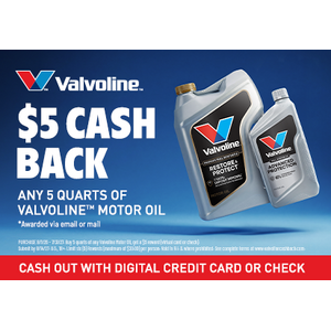 Purchase Any 5-qt Bottle or Five 1-qt Bottles of Valvoline Motor Oil Get