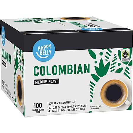 100 count, Amazon Brand - Happy Belly Medium Roast Coffee Pods, Colombian, Compatible with Keurig 2.0 K-Cup Brewers, $23.13 w/ S&S