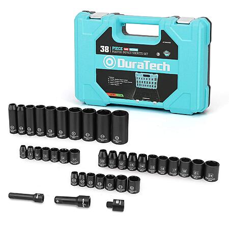 DURATECH 1/2  & 3/8 Drive Impact Socket Set, 38-piece Socket Set, Metric/SAE Sockets with Extension Bars and Impact Adapter, $24.99, Amazon