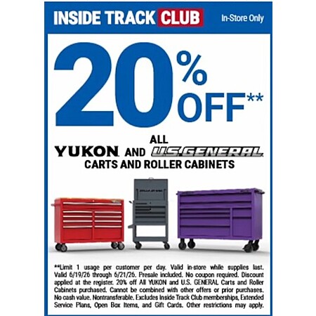 Harbor Freight storage days, ITC receives 20% off YUKON/US General carts and roller cabinets, 25% off USG magnetic acc, non-ITC receives 15% and 20% off, 6/19-6/21