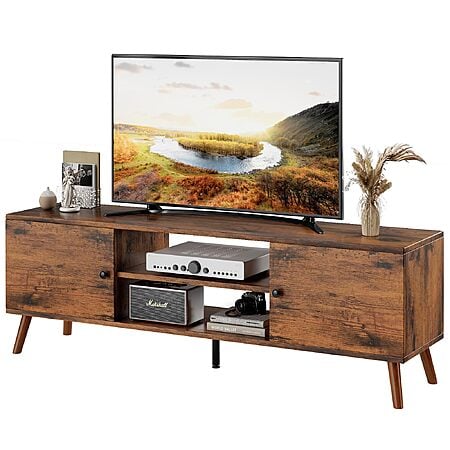 $64.95, Amazon, TV Stand for 55 60 inch TV, Modern Mid Century Entertainment Center with Storage, Wooden Media Console Table with 2 Cabinets for Living Room Bedroom, Rust or Black