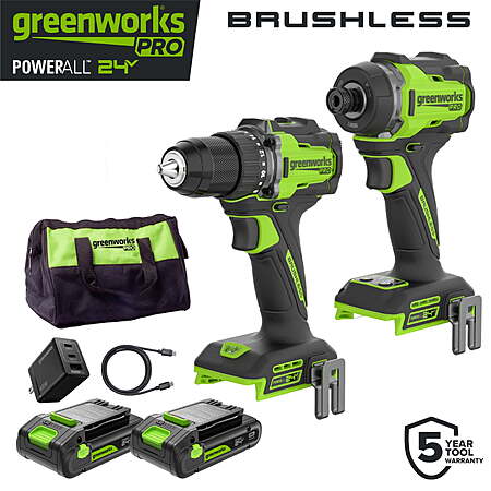 $149, FS, Greenworks PRO PowerAll 24V 530 in-lb Drill Driver and 2,200 in-lb Impact Driver Combo Kit, with (2) 2.0 Ah Batteries, 65W Charger, 3' Cable, Belt Clips, and Carrying Bag