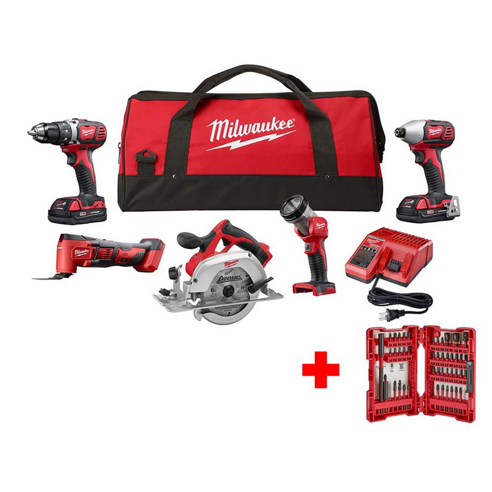 Milwaukee M18 18-Volt Lithium-Ion Cordless Combo Tool Kit (5-Tool) with SHOCKWAVE Impact Bit Set (45-Piece), $313.97, Home Depot