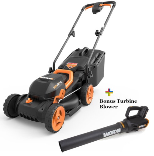 WORX 20V Powershare lawn mower + free turbine blower, 2 batteries, charger, $207.99 after coupon,  NEW, ebay