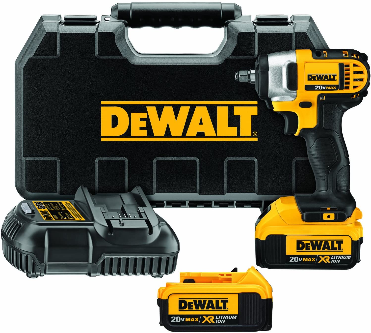 DEWALT 20V MAX Cordless Impact Wrench Kit with Hog Ring, 3/8-Inch w/ fast charger and 2 4.0 AH batteries, (DCF883M2) $150.34,  Amazon