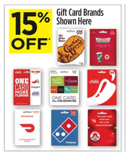 Ymmv Dollar General In Store 15 Off Gift Cards Krispy Kreme Cracker Barrel Chili S Wendy S Domino S Doordash Longhorn Olive Garden