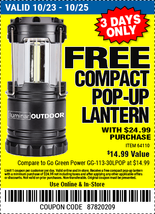 Harbor Freight - Choice of one free item with $24.99 purchase (lantern, 13 pc drill bit set, 12 in tool bag)