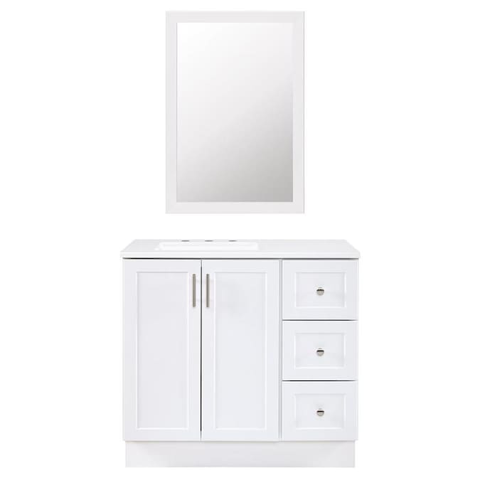 Style Selections 36-in White Single Sink Bathroom Vanity with White Cultured Marble Top (Mirror Included), $199, Lowe's