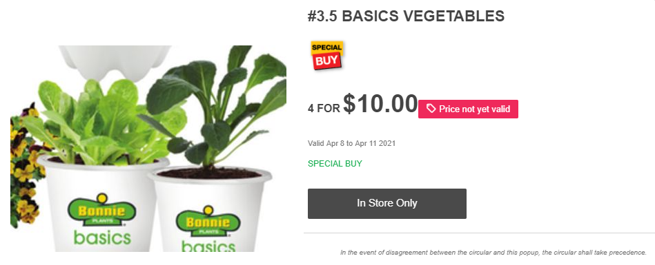 Begins 4/8, #3.5 Bonnie Basics vegetables, 4 for $10, Home Depot