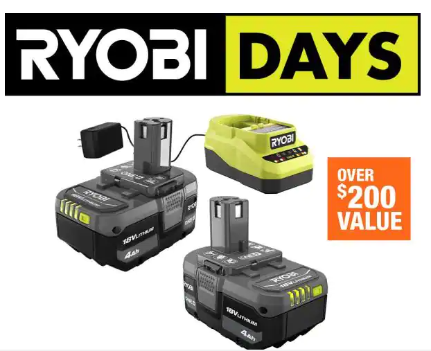 RYOBI ONE+ 18V Lithium-Ion 4.0 Ah Battery (2-Pack) and Charger Kit $99