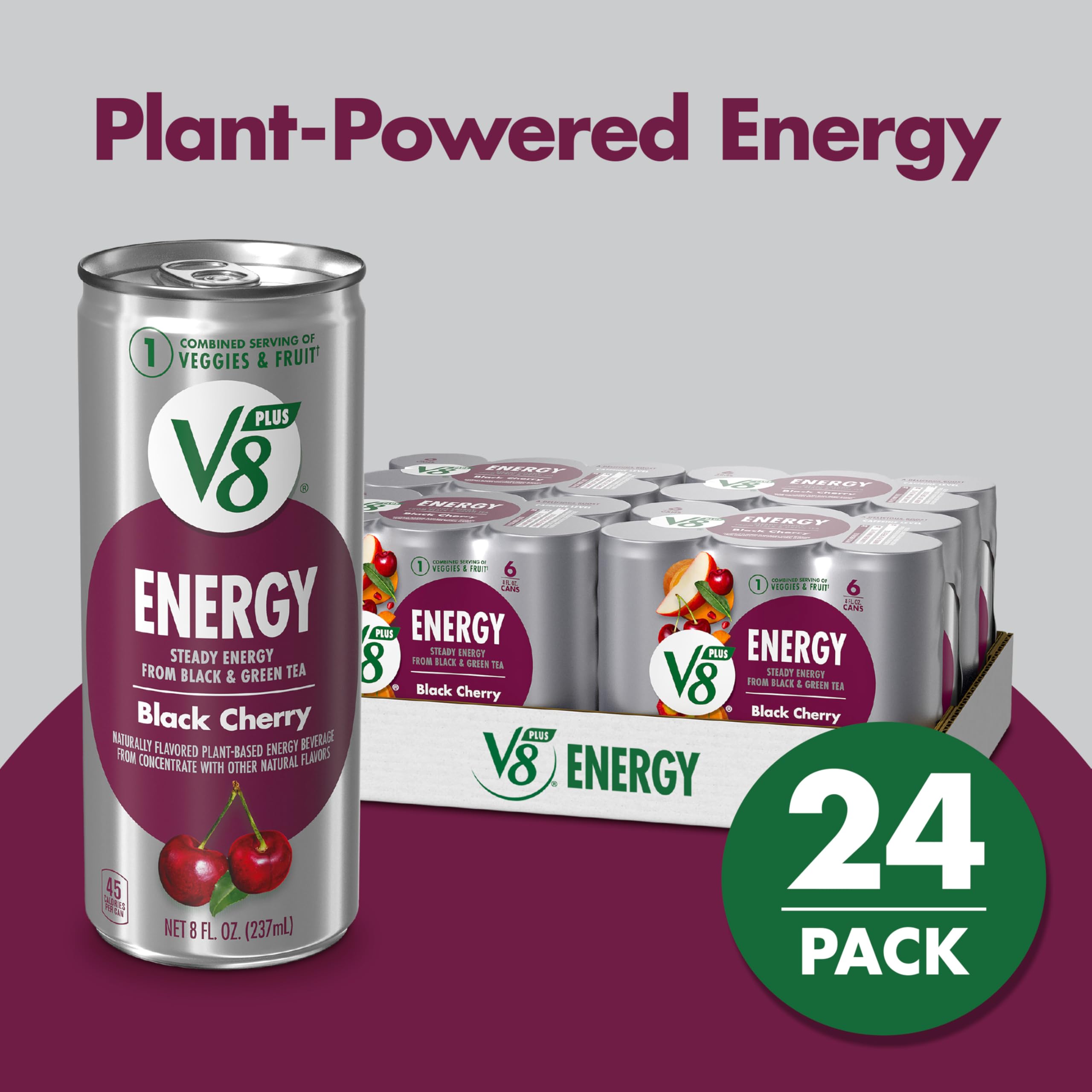 V8 +Energy Black Cherry Juice Energy Drink, 8 fl oz Can (24 Pack) for