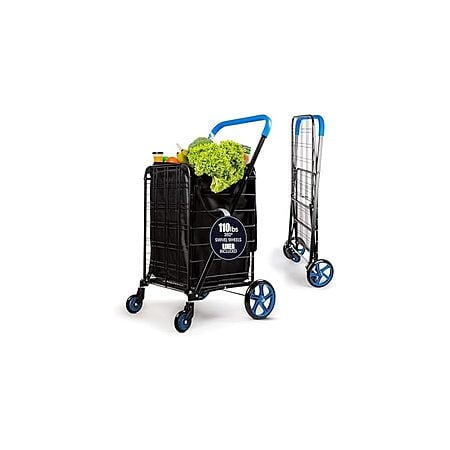 SereneLife Large Folding Utility Shopping Cart with Removable Liner – Heavy Duty, 360° Swivel Wheels, 110 lb Capacity $16