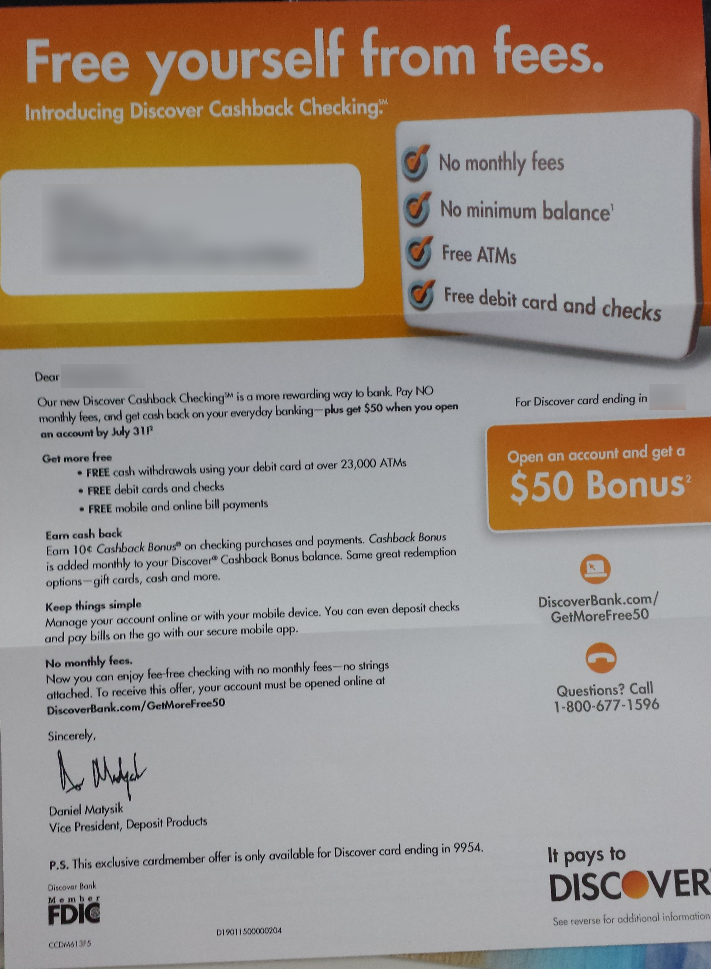 $50 bonus for new Discover Cashback checking account *For Discover Card Member Only ...