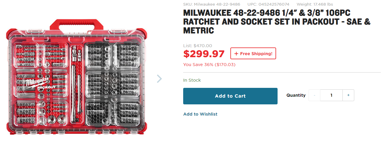 Milwaukee 48-22-9486 1/4" & 3/8” 106pc ratchet and socket set in packout - sae & metric $239.98