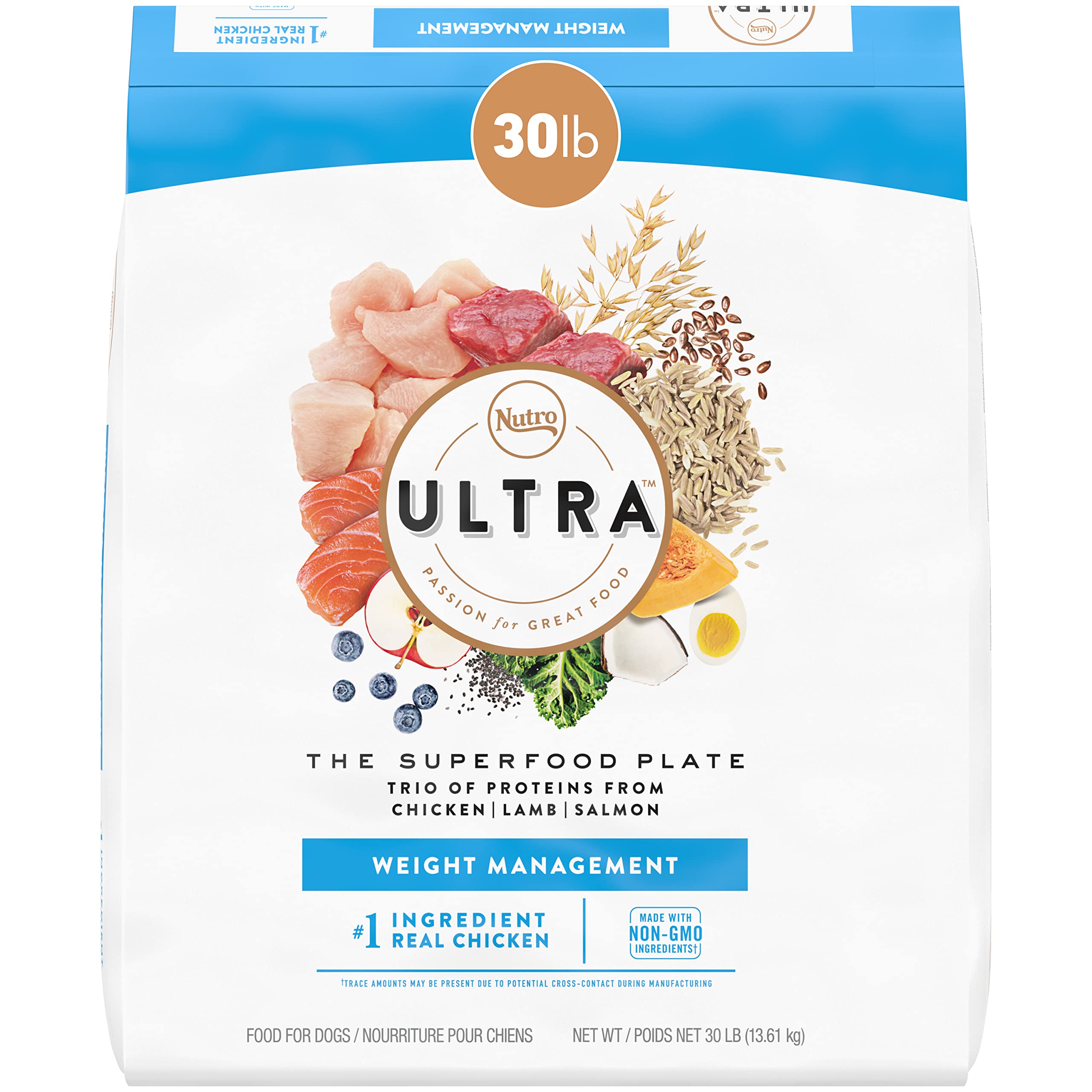 NUTRO ULTRA Adult Weight Management High Protein Natural Dry Dog Food for Weight Control with a Trio of Proteins from Chicken, Lamb, and Salmon 30 lb. Bag for $23 with S&S