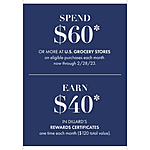 Dillards's Amex Card Spend $60 at US grocery Stores each month until Feb and earn $40 in Reward Certificate every month - Targeted may be