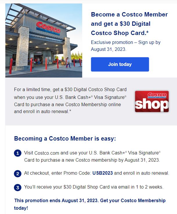 1-Year Costco Membership + $30 Digital Costco Shop Card w/USBank promo code (New Members Only)