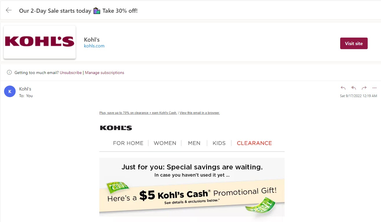 Kohl's:  Check your email for Free $5 Kohl's Cash, expires 9/25 (PSA)
