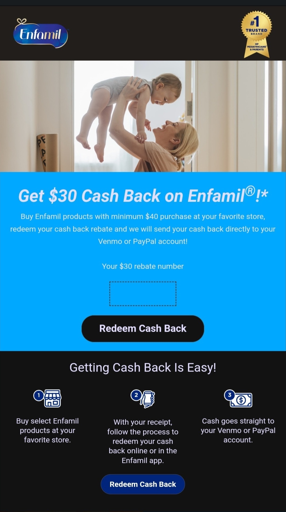 Free $30 cash back via venmo/PayPal with purchase of $40+ of select enfamil products