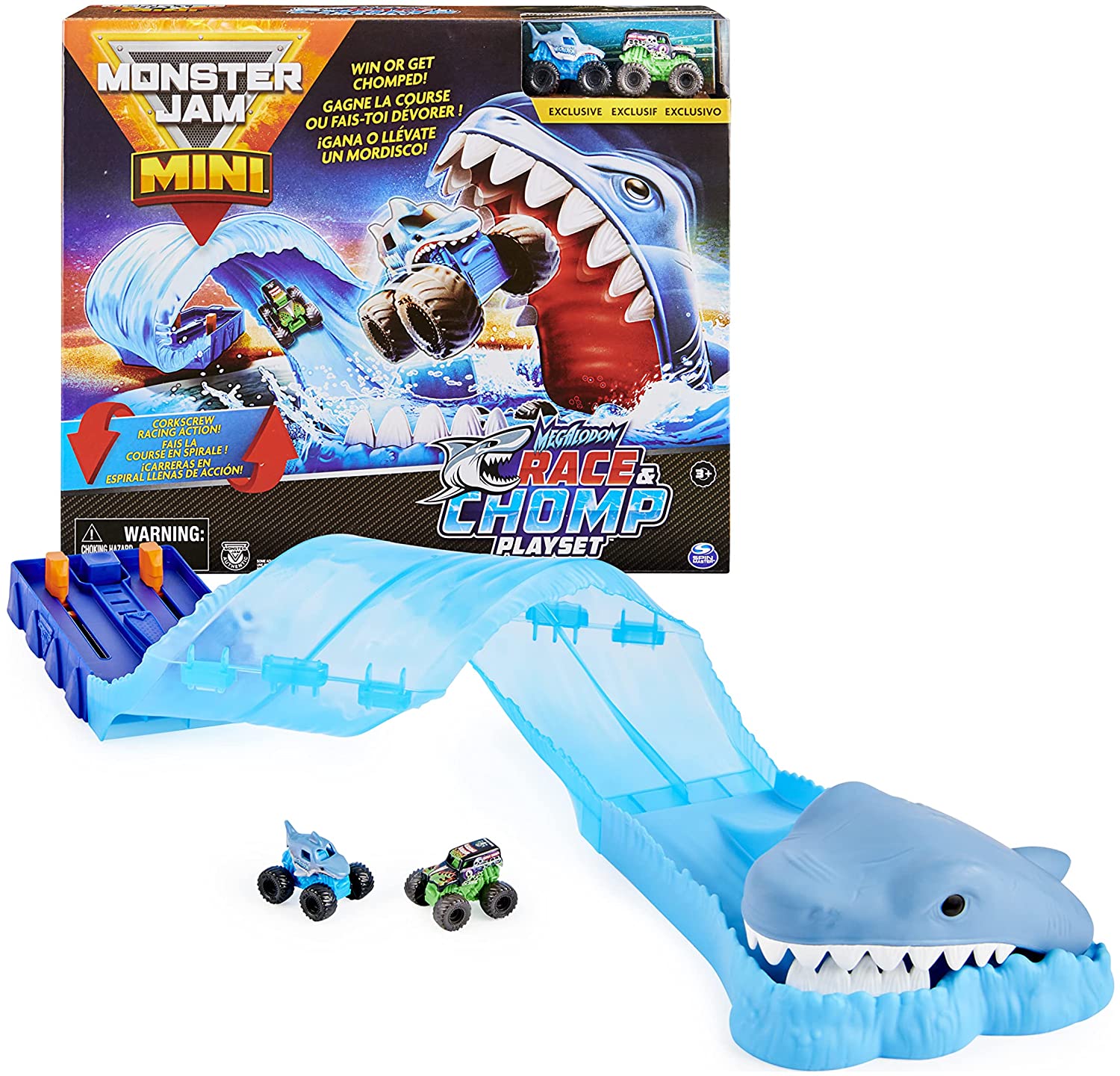 Monster Jam Mini Megalodon Race & Chomp Kids' Playset w/ 2 Mini Trucks $7 + Free Shipping w/ Prime or on orders over $25