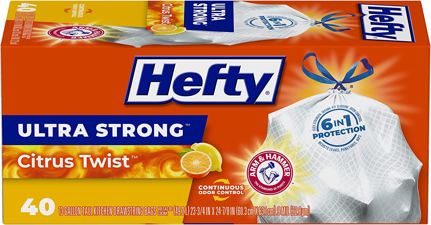 40-Count 13-Gallon Hefty Ultra Strong Tall Kitchen Trash Bags (Citrus Twist) $5.75 w/ S&S + Free Shipping w/ Prime or on orders over $25